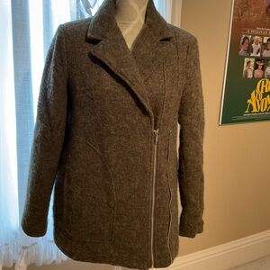 Wool blend Zara asymmetrical zip detail moto jacket.